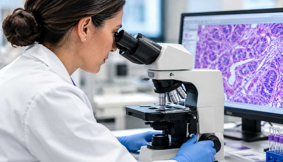 medical pathology lab technician examines a sample
