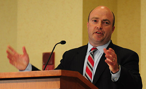 Attorney Patrick Haggan at podium